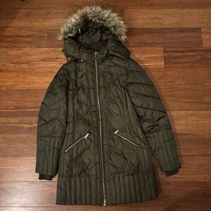 Sam Edelman Olive Green Quilted Puffer Coat with Faux Fur Hood S